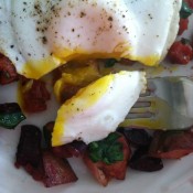 Roasted Vegi Hash with a fried egg on top.