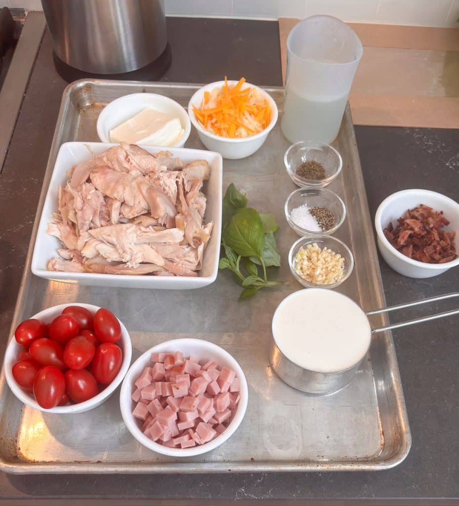 mise en place for green well mac n cheese