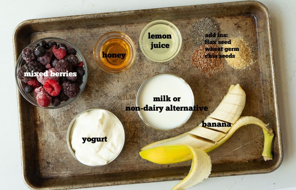 ingredients for lunch smoothie on a baking sheet