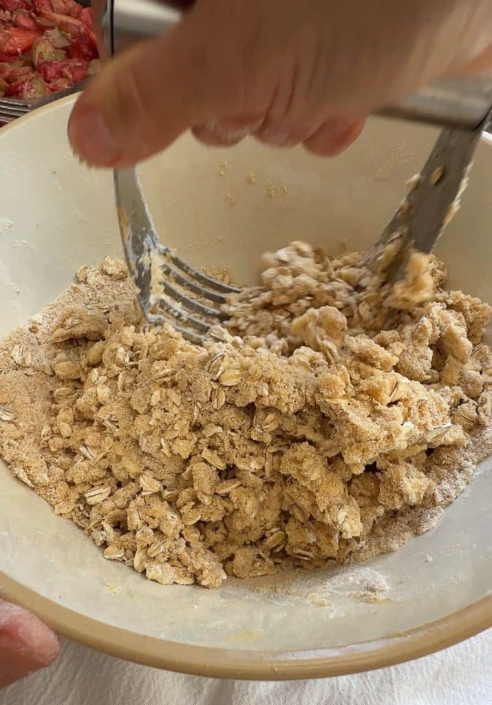 cutting together oats, flour, brown sugar and butter
