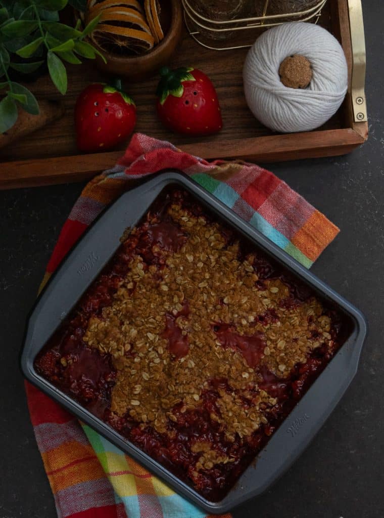top view of baked strawberry rhubarb crisp