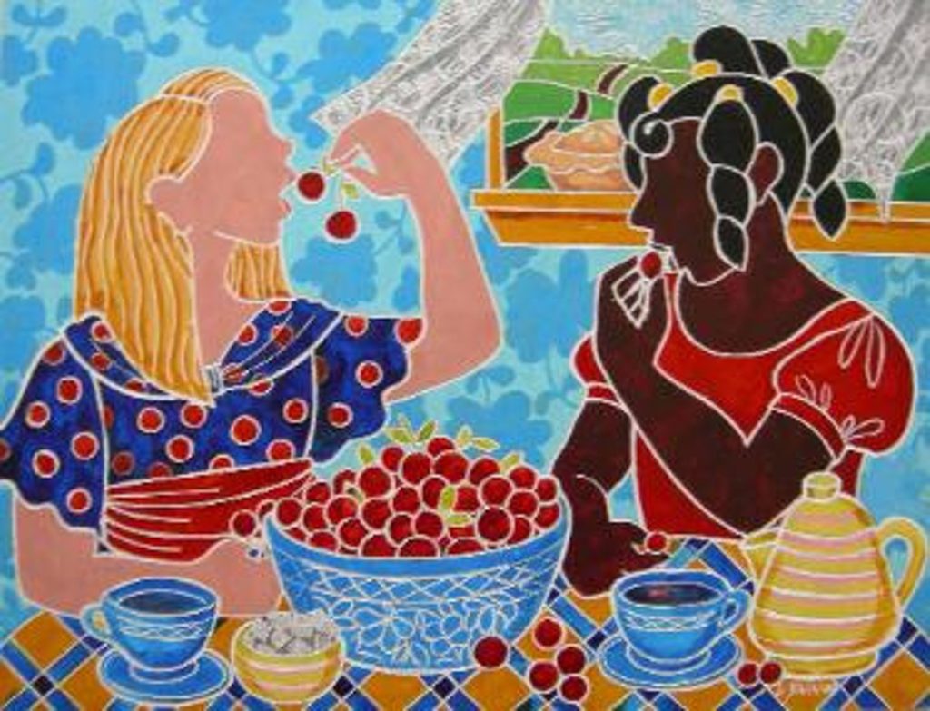drawing of two girls one white one black sitting and eating cherrys together picture found on google photos
