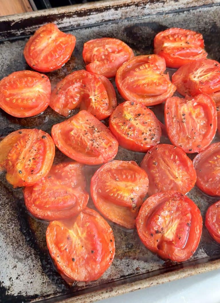 roasted tomatoes on a baking sheet