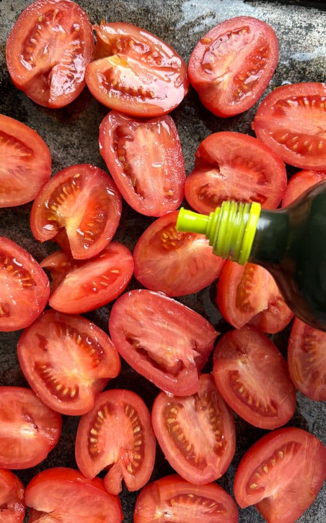 Collage drizzling olive oil over tomatoes on a baking sheet