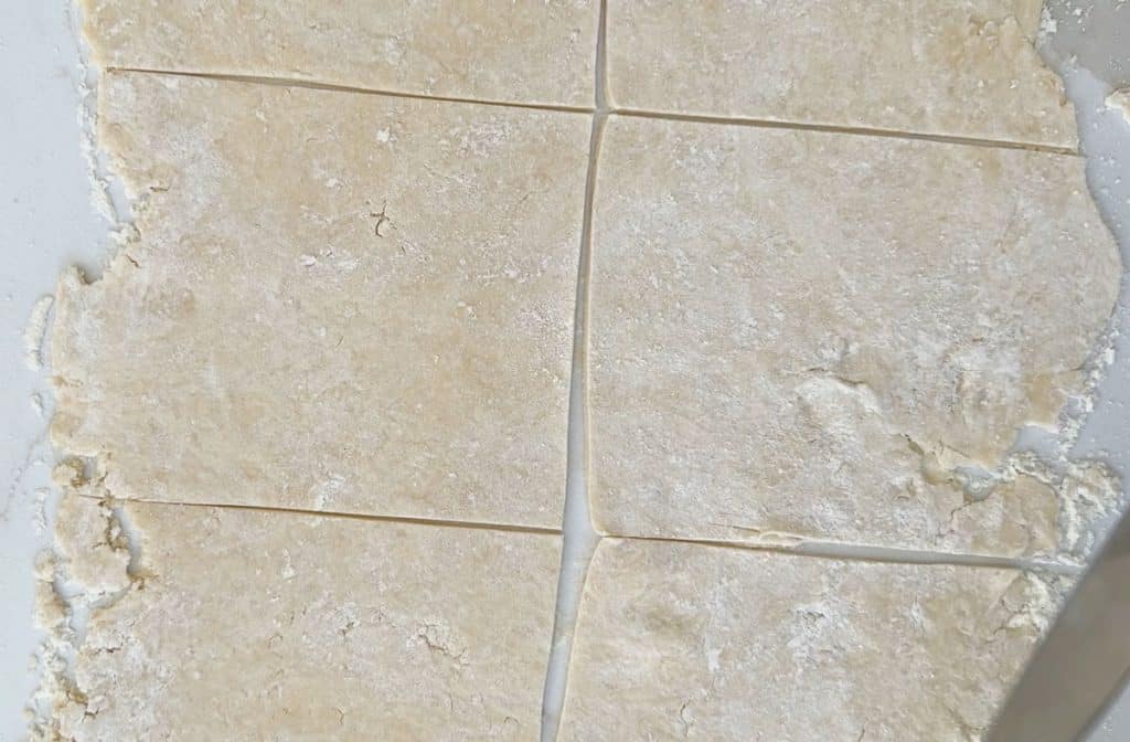 rolled out dough cut into six sections