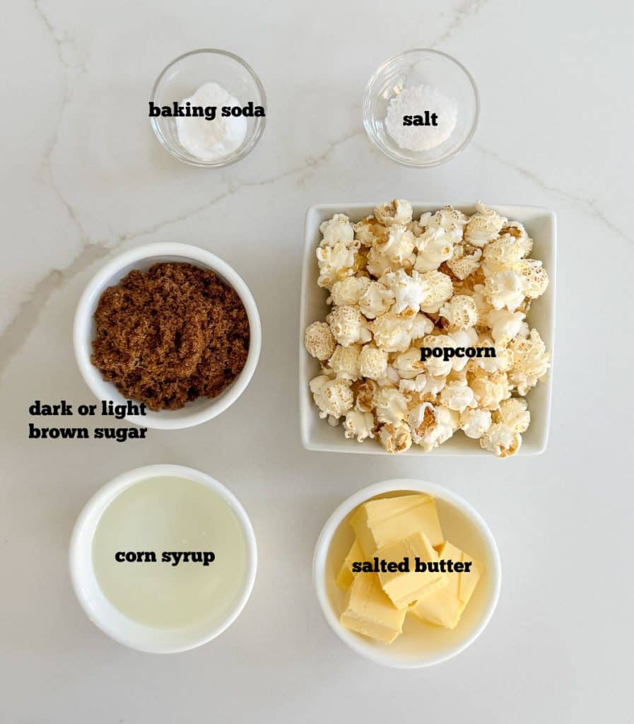 ingredients for caramel corn on a white countertop