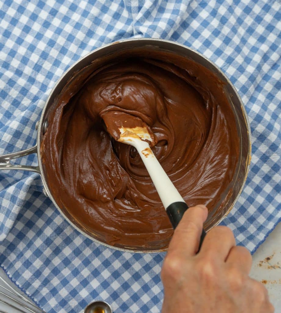 stirring melted chocolate peanut butter and butter in a sauce pan