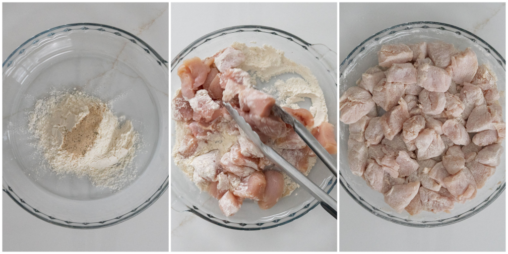 stages of dredging chicken in flour and seasoning