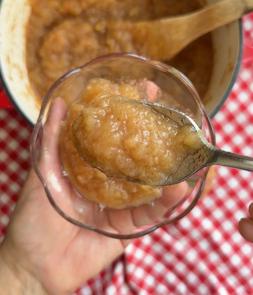 hand holding a bowl of applesauce over the pot of applesauce with a spoon full of applesauce being held over the bowl