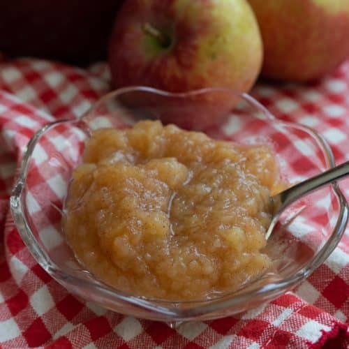 glass dish of homemade applesauce sitting in front of a red cast iron pot with two apples in the back ground spoon is in the dish all are sitting on a red and white gingham cloth