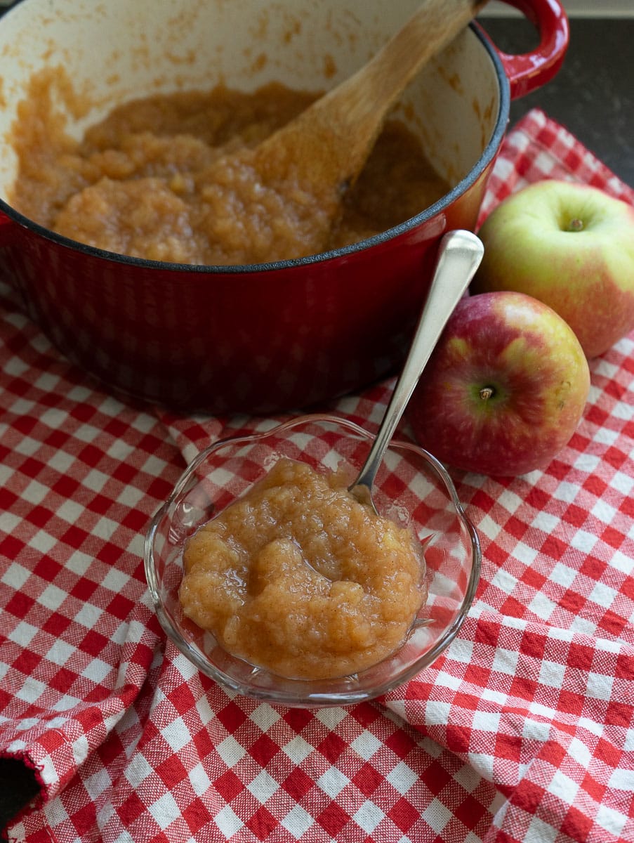pot of homemade apple sauce on a red and white gingham cloth with two apples next to the red cast iron pot with a dish of applesauce in front of the pot with a spoon in the dish