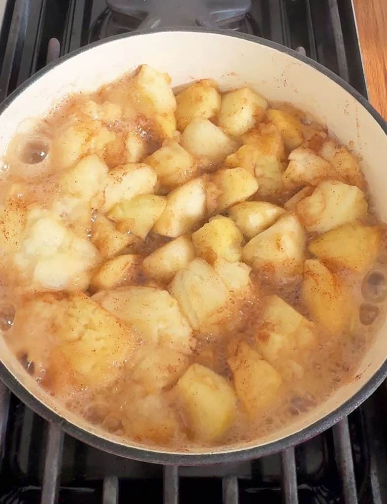 partially cooked apples in red cast iron pot on top of the stove