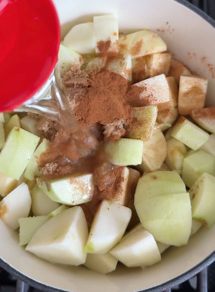 apples, brown sugar, cinnamon, and a red measuring cup pouring water into the pot on the stovetop