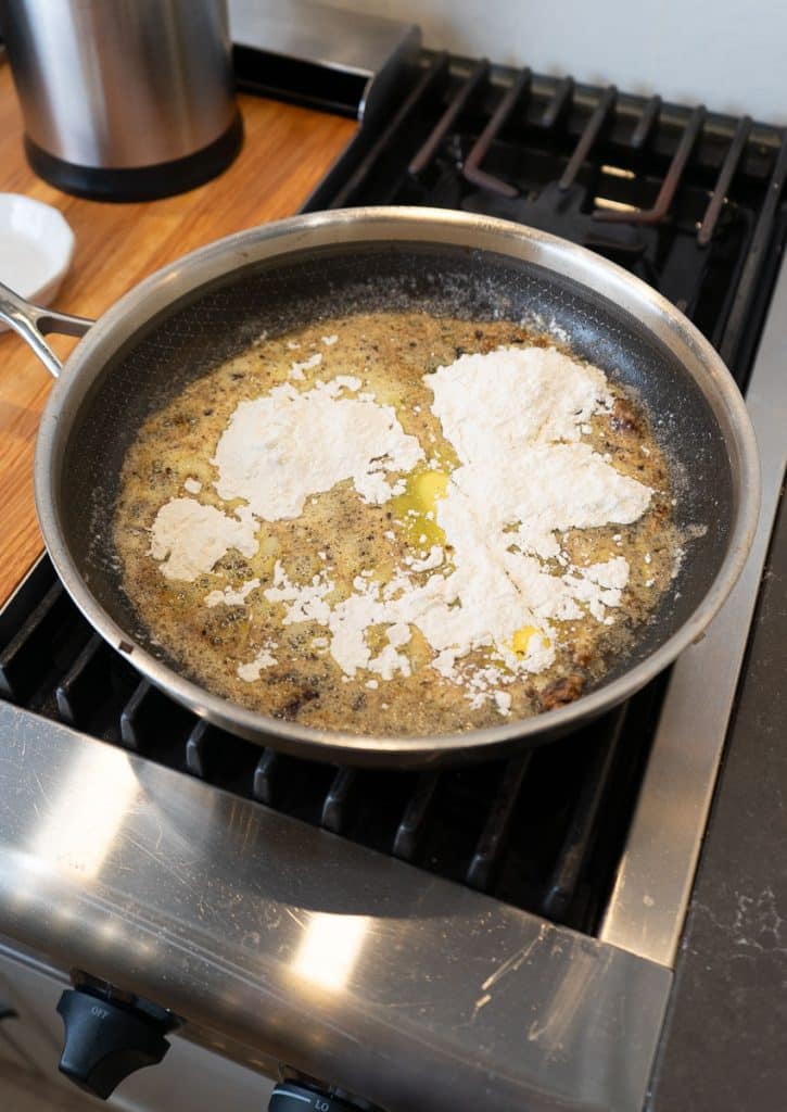 making roux for swedish meatballs in large skillet on the stovetop
