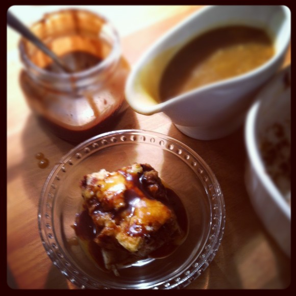 Caramel Eggnog Bread Pudding with homemade chocolate sauce
