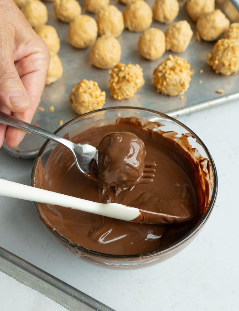 DSCN5955 chocolate covered peanut butter ball on fork over bowl of melted chocolate, pan of peanut butter balls behind the bowl
