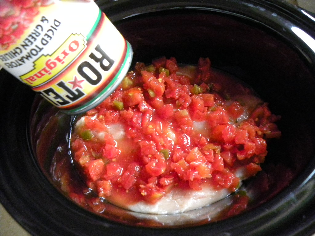 pouring can of diced tomatoes into crock pot