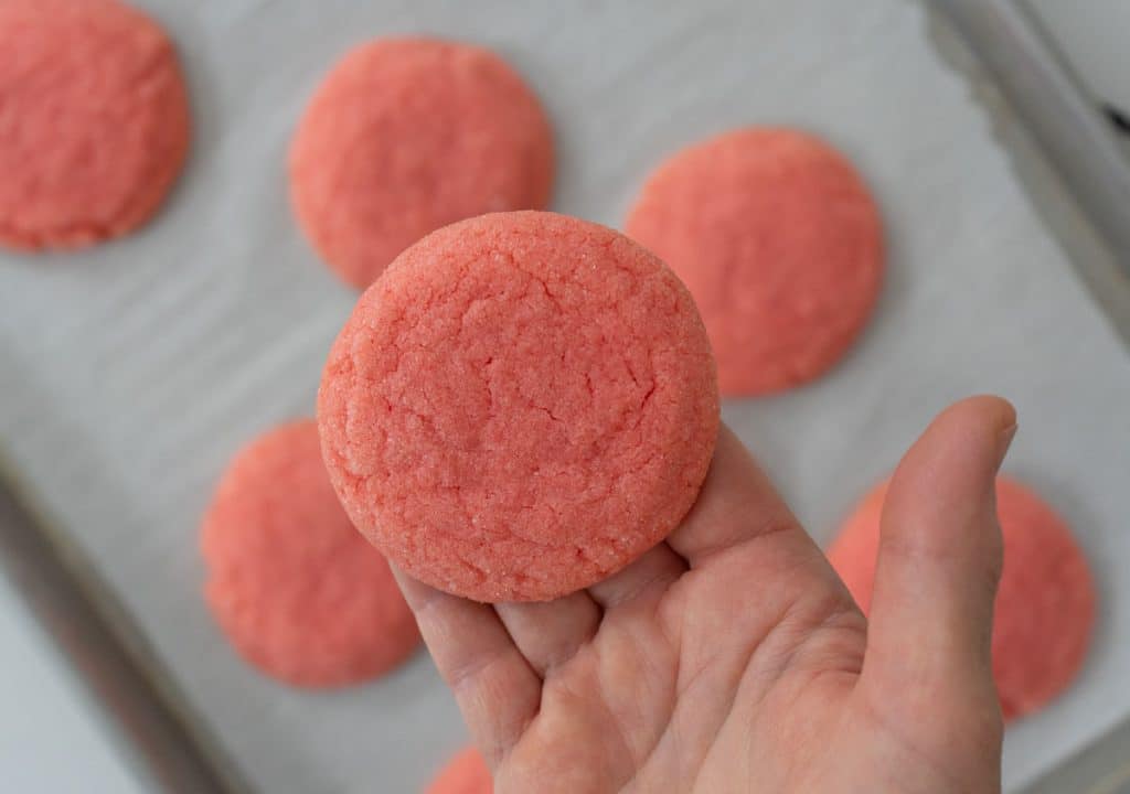 hand holding a jello sugar cookie over a baking sheet of baked cookies