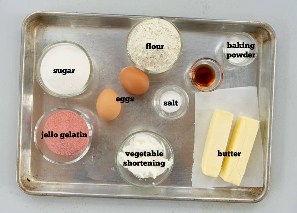 ingredients for jello cookies on a baking sheet 