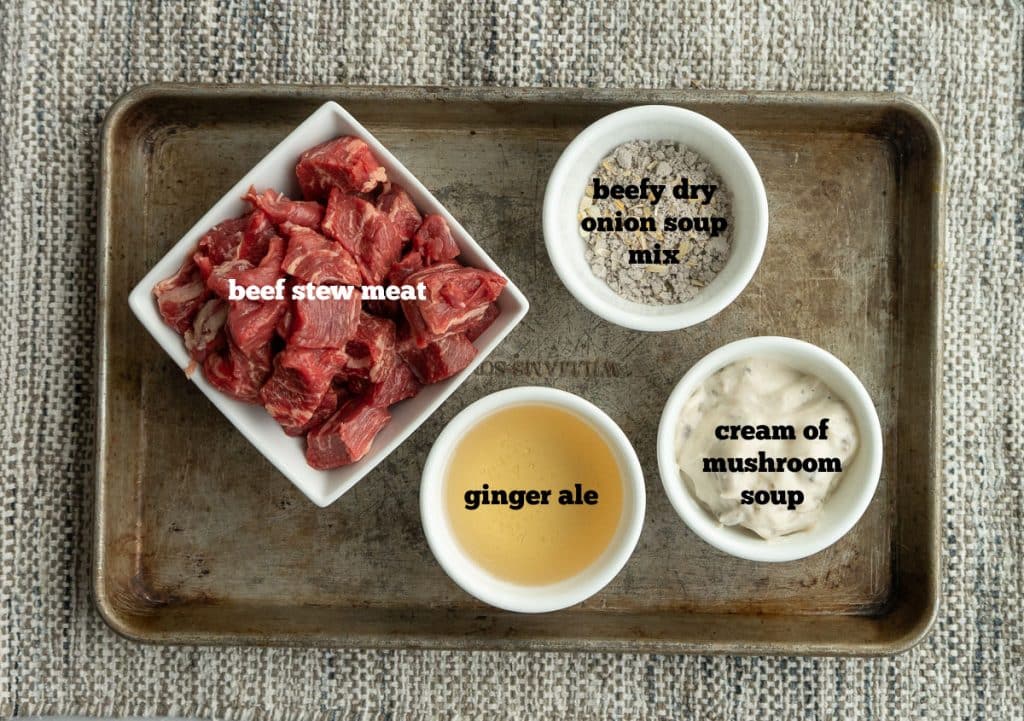 photo of the ingredients for no peek beef tips on a baking sheet