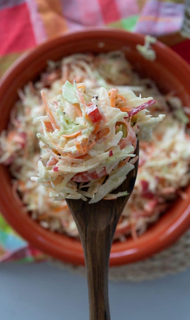 DSCN7019 wooden spoon full of coleslaw being held over the serving bowl of coleslaw