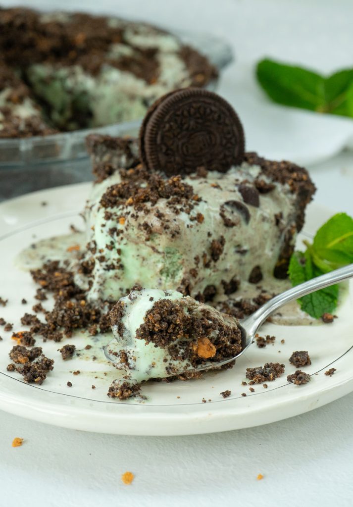 Slice of mint chocolate chip ice cream pie on a plate with whole pie in the back ground