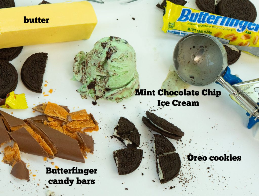 ingredients for mint chocolate chip ice cream pie