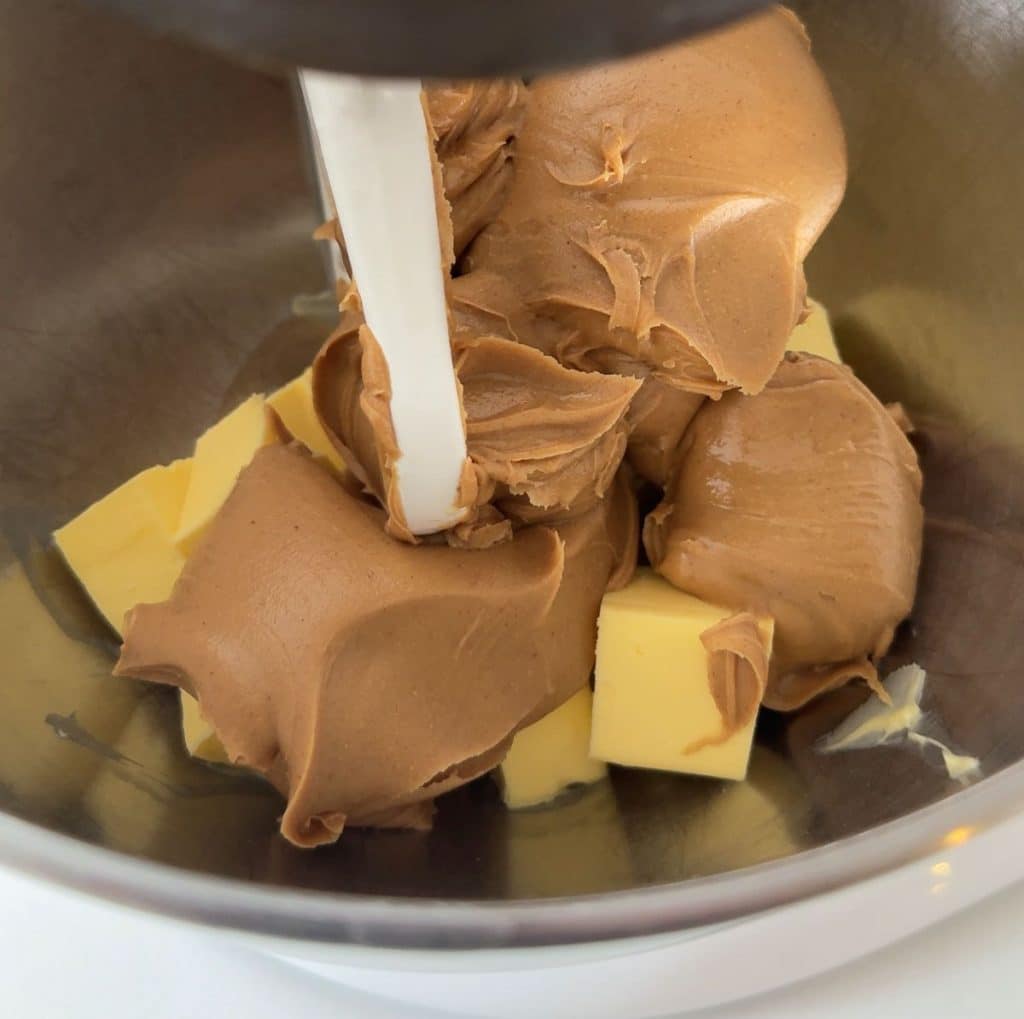 peanut butter and butter in mixing bowl 