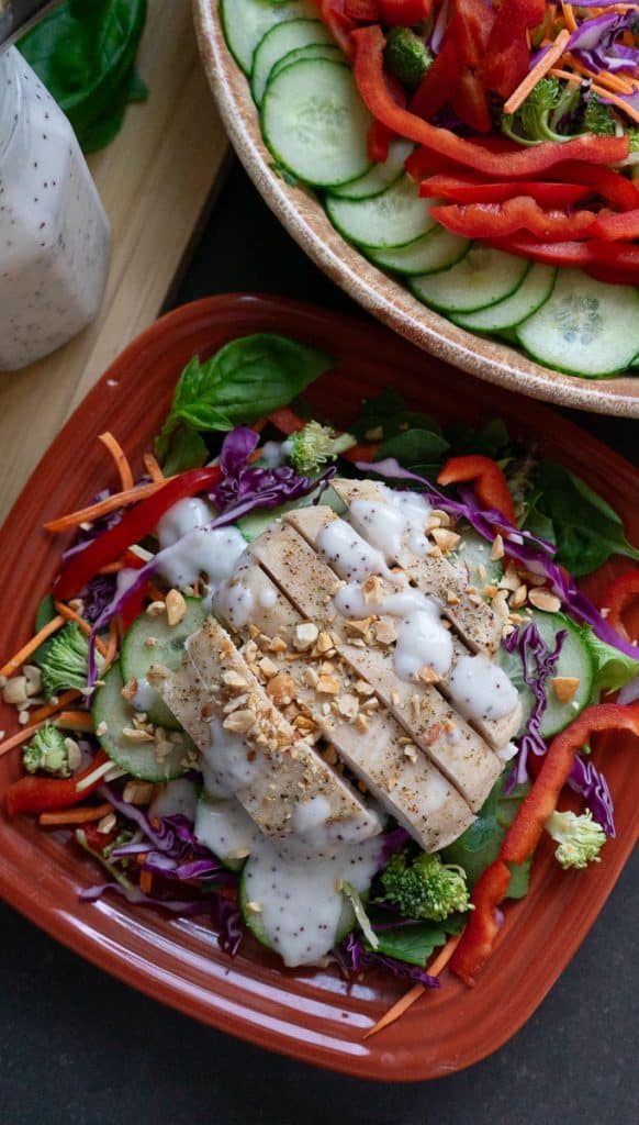 plated thai salad with sliced chicken breast and bowl of salad and jar of salad dressing in the back ground