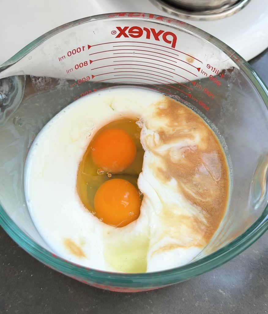 eggs, buttermilk, and vanilla in a measuring cup
