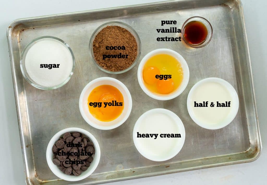ingredients for brownie batter ice cream on a silver baking tray on a white countertop