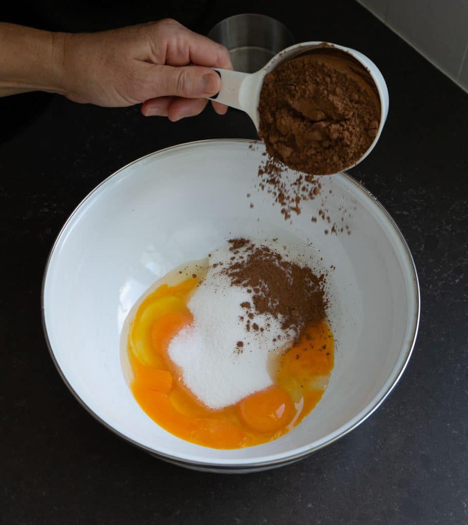 DSCN8285 adding cocoa powder to the eggs and sugar