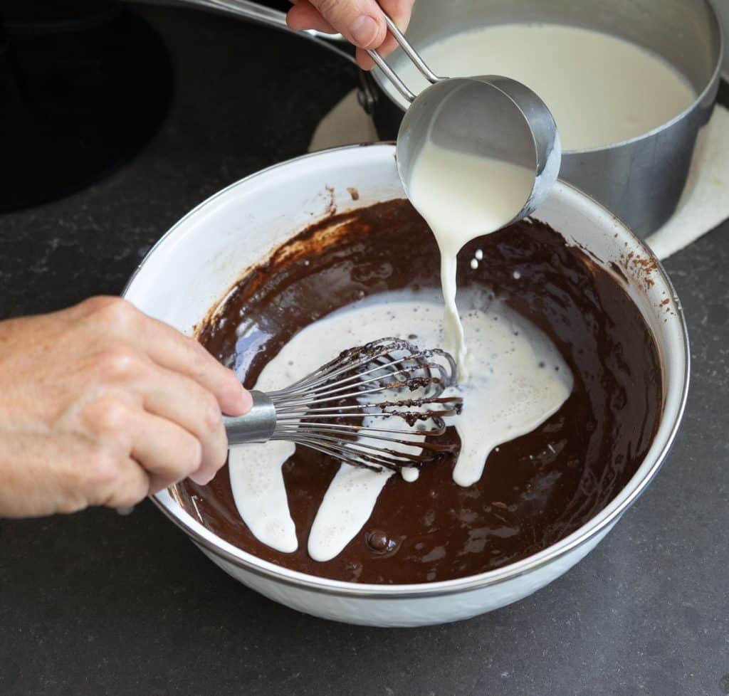 Collage2 adding warm milk to the egg chocolate mixture and whisking