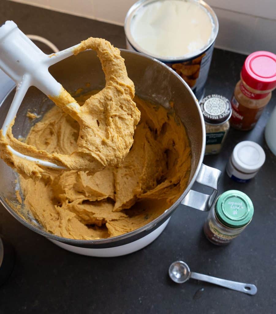 pumpkin spice cookie batter in mixing bowl