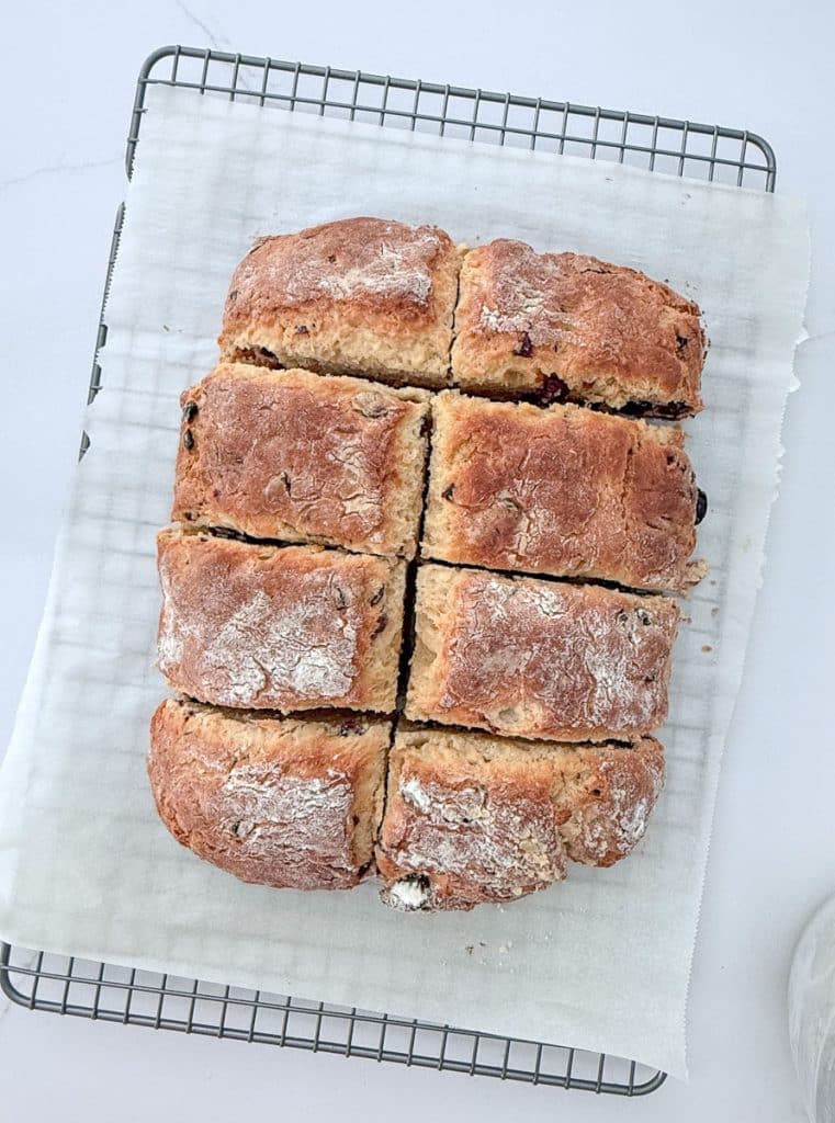 baked scones on a parchment line baking sheet