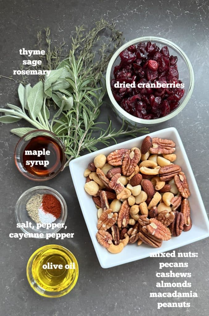 Ribbet collage ingredients for savory nut mix laid out on a black countertop