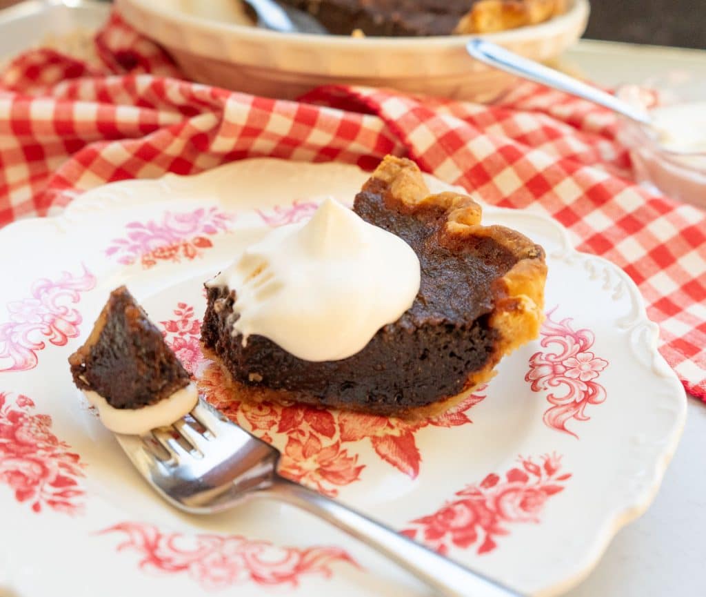IMG_3887 piece of pie with a fork full of chocolate pie and whipping cream laying on the plate