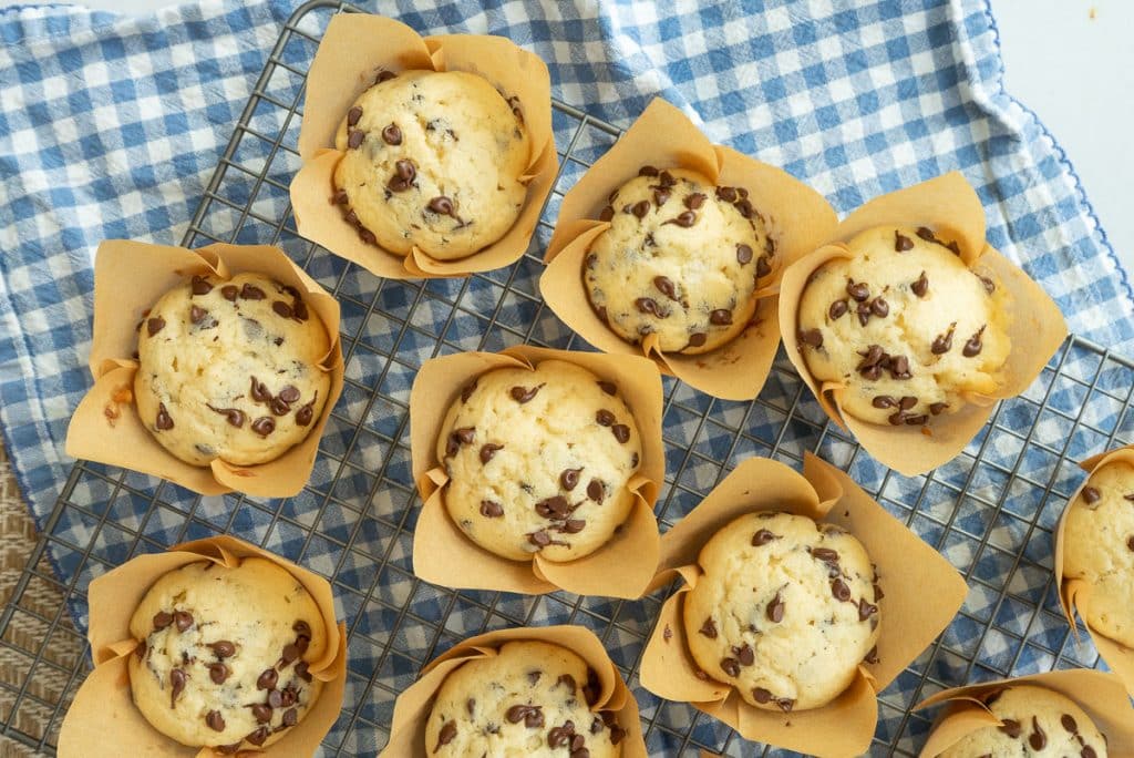 IMG_3944 wire cooling rack with chocolate chip muffins cooling on it. there is a blue and white gingham cloth under the rack on a white countertop