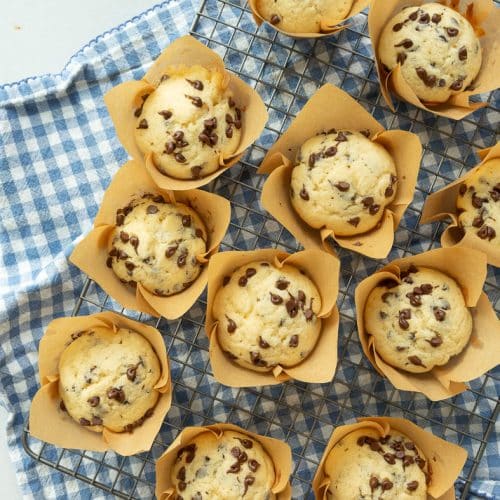 wire cooling rack with chocolate chip muffins cooling on it. there is a blue and white gingham cloth under the rack on a white countertop