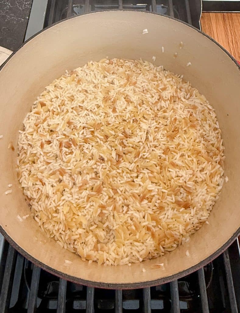 rice pilaf in a large pot on stove top