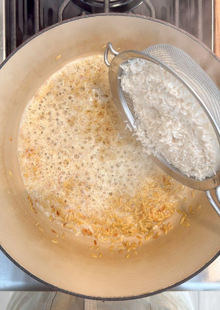 adding rinsed rice to pot with butter browning orzo pasta