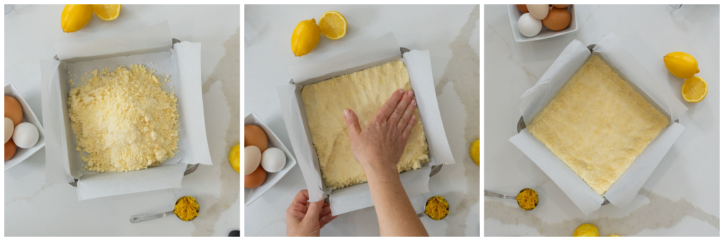 process of making the crust for the lemon bars, pressing the crust evenly into the bottom of the pan