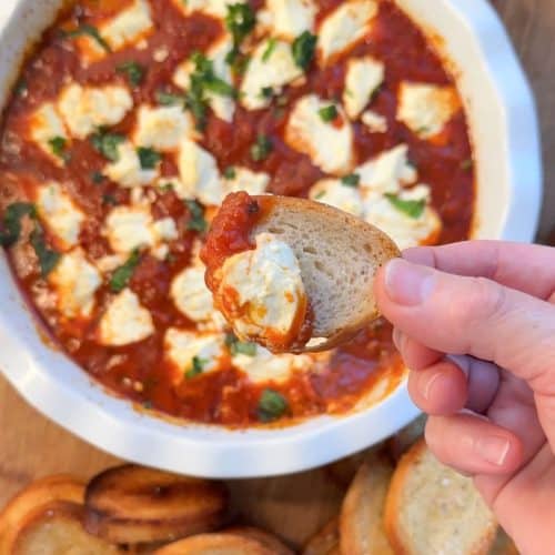 fingers holding a toast with warm Italian goat cheese dip on it over the dish of warm dip
