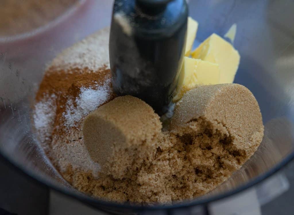 IMG_4307 whole wheat flour, cinnamon, salt, brown sugar, and butter in the food processor bowl.
