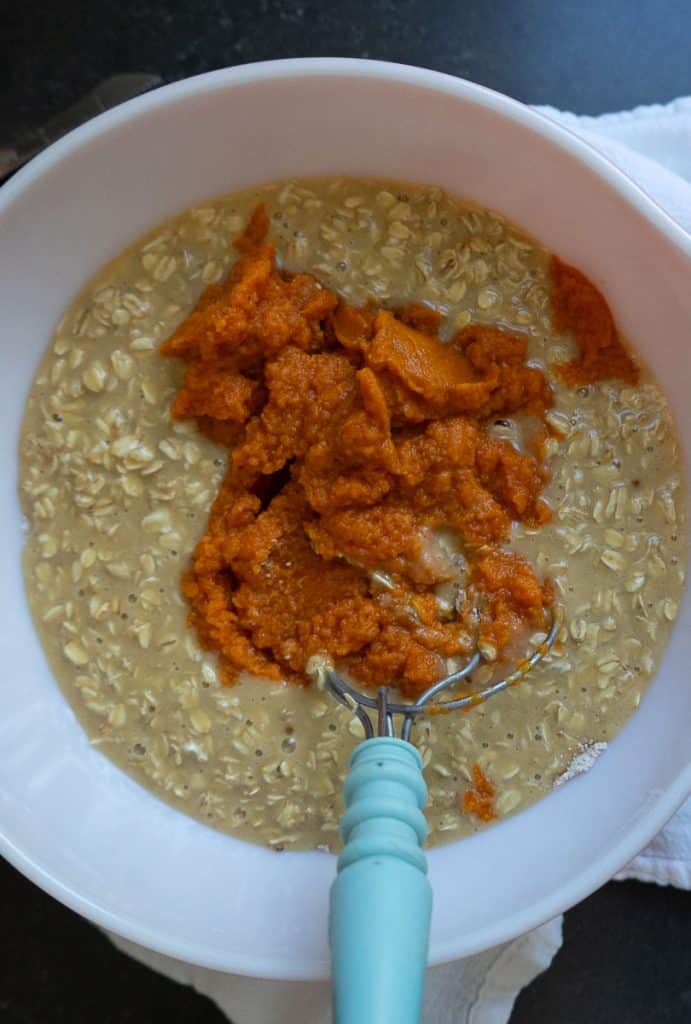 pumpkin puree added to oatmeal whole wheat flour mixture. there is a bread whisk sitting in bowl