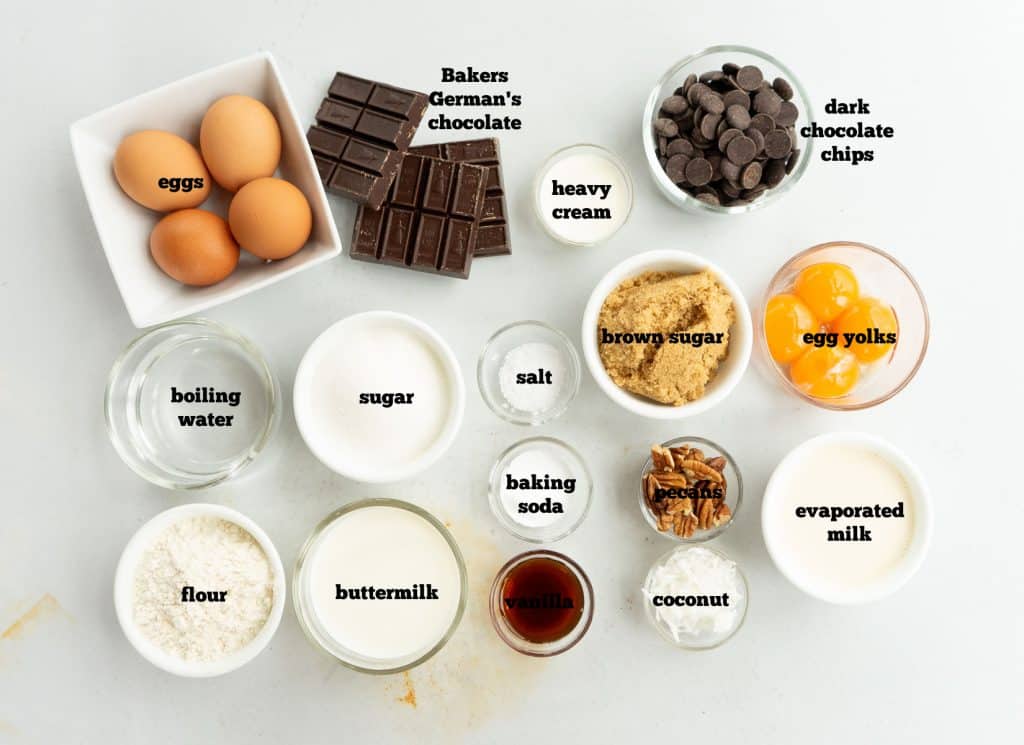 german chocolate ingredients on a white table