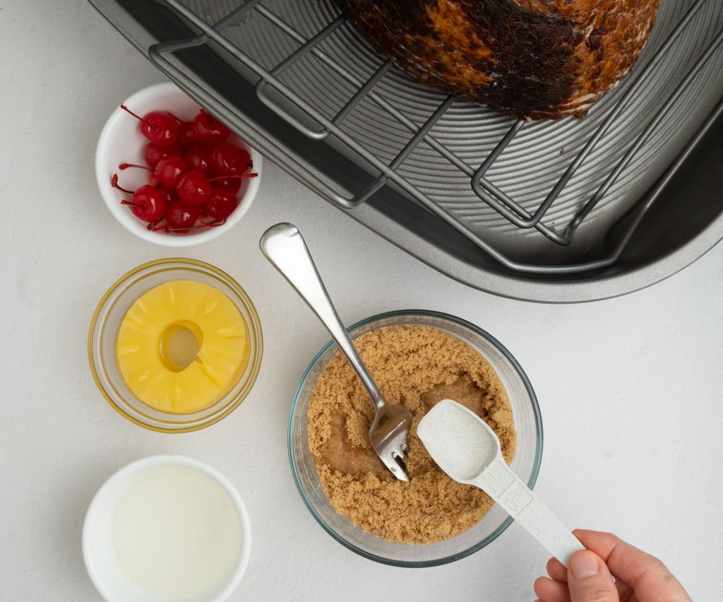 easter ham ingredients, demonstrating how to make brown sugar glaze