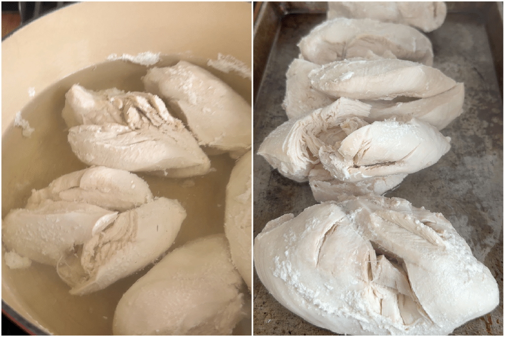 IMG_5984 collage of poaching chicken breasts left photo is chicken in a pot of water cooking the right photo is the chicken breasts cooking on a baking sheet