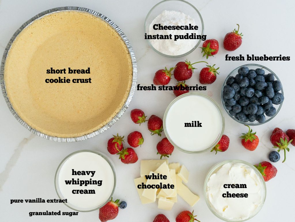 ingredients for the rwb pie laid out on white countertop. 