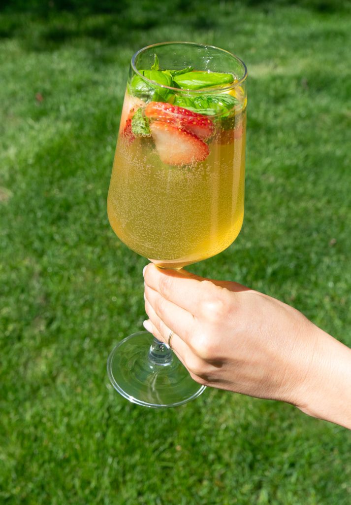 hand holding a wine glass of basil citrus white wine sangria green lawn is the background